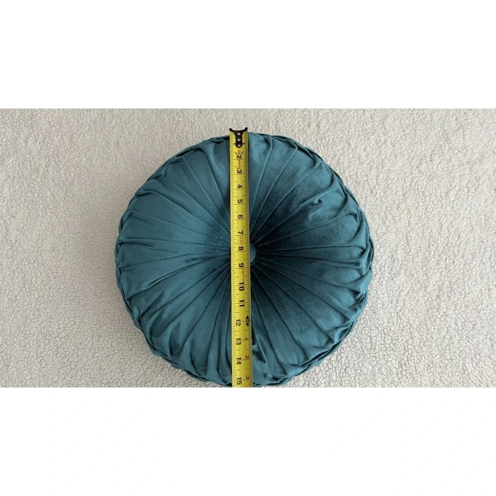 Round Velvet Throw Pillow Pumpkin Teal Blue Green Tufted Pleated Cushion Decor